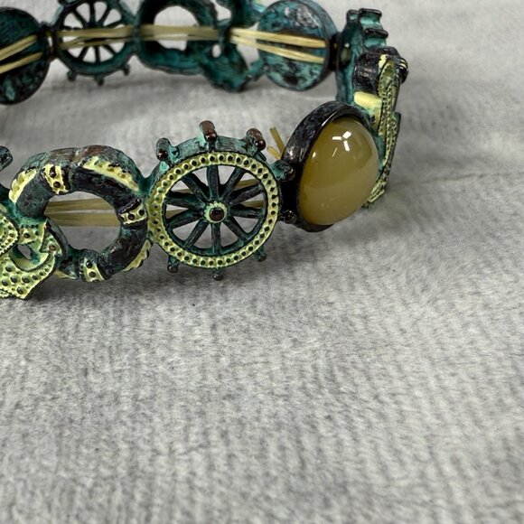 Nautical-Themed Stretch Bracelet Aged Patina Finish Tan Green Accents Distressed - Picture 5 of 16